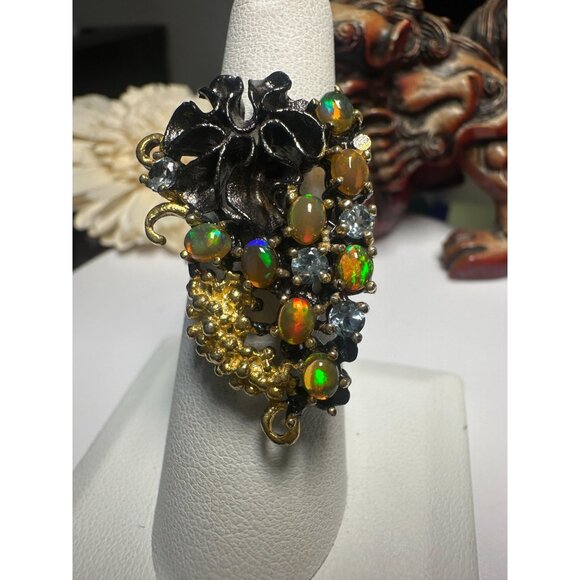 VTG Rhodium Sterling Opal Aqua Multi-stone Cocktail Ring - Picture 2 of 8